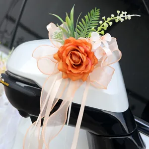 Wedding car rear view mirror artificial flower decoration with ribbon bow for party