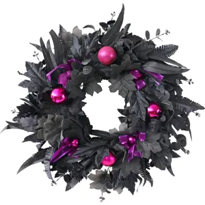 Halloween black artificial leaf wreath with purple ribbons and pink balls for home decor.