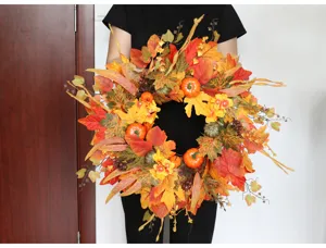 Autumn Thanksgiving maple leaf wreath with pumpkins, perfect for front door and wall home decor.
