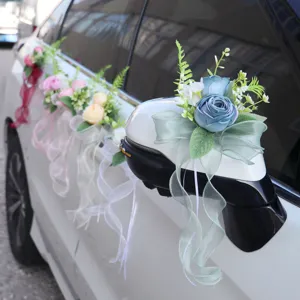 Artificial Rose Wedding Car Rearview Mirror Decoration Chiffon Bow Ribbon Flower For Door Handle Chair Back Stairs Home Party Decor