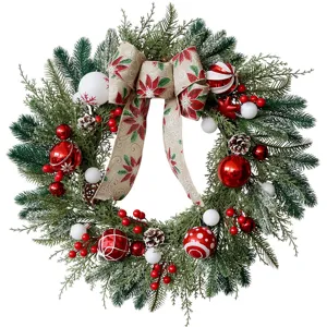 Ghirlanda di Natale decorazione con fiocco di juta palline rosse e bianche con pigne per porta.