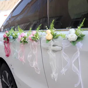 Artificial rose flower car door handle decoration set with elegant chiffon ribbons for wedding