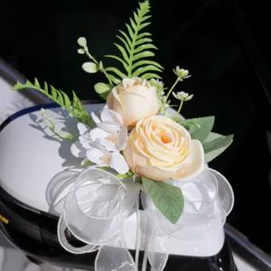 Artificial flower wedding car decoration rose bouquet with bow for rearview mirror.