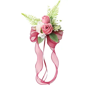 Artificial flower wedding car rearview mirror decoration pink rose ribbon bow bowknot floral arrangement