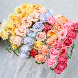Colorful artificial rose flower crown garland headband with ribbons for women girls photography.