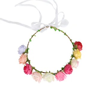 Floral crown headband with colorful roses and white ribbon for women girls photo main image