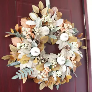 Autumn Thanksgiving maple leaf pine cone wreath with white pumpkins for front door hanging decor