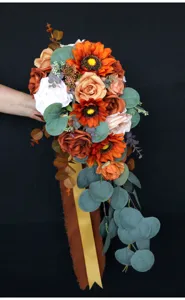 Stunning artificial sunflower and rose cascading bridal bouquet for western weddings.
