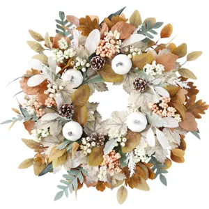 Autumn Thanksgiving wreath with white pumpkins pine cones maple leaves for door wall decor
