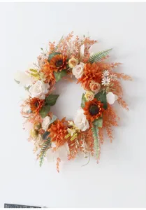 Artificial autumn wreath for home decor, harvest festival floral hanging ornament for door wall.