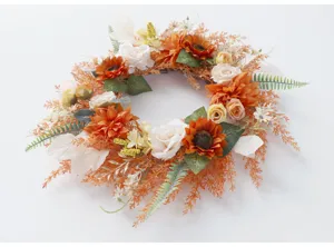Autumn artificial flower wreath orange sunflower white rose harvest festival home door hanging decor
