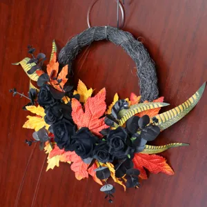 Halloween Kranz Künstliche Schwarze Rose Orange Ahornblatt Gothic Blumenkranz Für Haustür Wandbehang Party Haus Dekoration