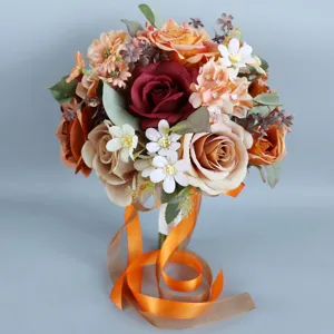 Künstliche Rose Brautstrauß Hochzeit Seidenblume Burgunderrot Schmutziges Orange Strauß Für Braut Fotografie Haus Tischdeko
