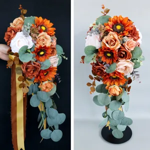 Artificial Sunflower Rose Wedding Bridal Bouquet Cascade Teardrop Burnt Orange Silk Flower Waterfall Bouquet For Photography