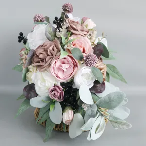 Bouquet de mariée cascade artificiel style forêt rose eucalyptus fleur pour photo
