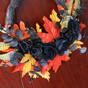 Halloween künstlicher schwarzer Rosen- und Ahornblatt-Kranz für Tür Wand Heimdeko