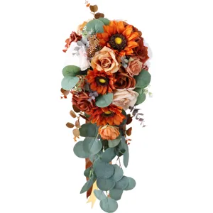 Autumn sunflower rose cascade bridal bouquet artificial wedding flower for photography decoration