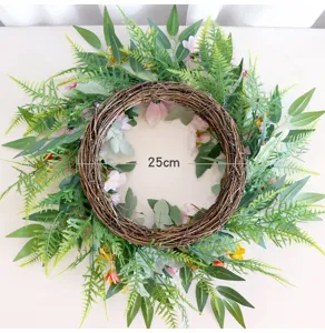 Künstlicher Frühlingskranz mit grünen Blättern und rosa Blumen, 25cm Heimtür Wanddeko.