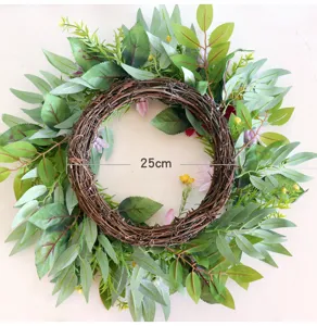 Frühlings künstlicher Blumenkranz 25cm Wandbehang Kunstpflanzen grüne Blätter Rattan Ring Zuhause.