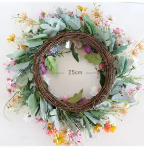 Detailed view of artificial daisy floral wreath, spring wedding decor, 25cm diameter.