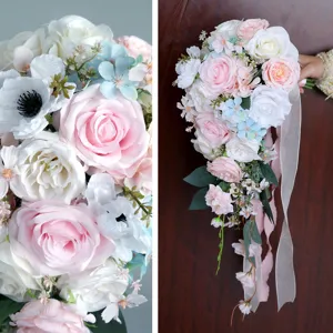Bouquet de Mariée Rustique en Rose de Soie Artificielle Romantique en Cascade Goutte Arrangement Floral Avec Ruban de Satin Décoration Maison Fête