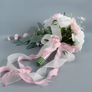 Bouquet de mariée artificiel cascade roses roses et blanches fleurs en soie pour mariage