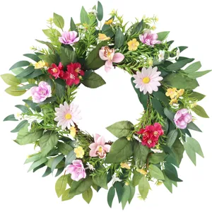 Künstlicher Blumenkranz für Heimdekoration, Wandgestaltung mit bunten Blumen und Blättern.