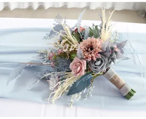 Smoke grey artificial wedding bridal bouquet featuring pink roses for photo props and home decor.