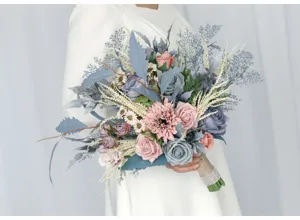 Bridal wedding hand bouquet dusty blue pink artificial flowers home decor photography props