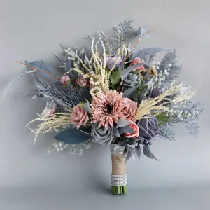 Dusty blue pink artificial wedding bridal bouquet silk flowers floral arrangement home decor