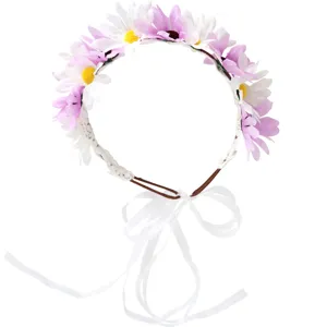 Kids floral crown headband with white purple daisies and ribbons for wedding party hair accessories