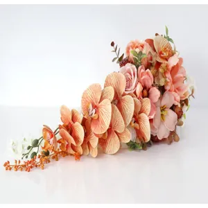 Artificial wedding cascading bridal bouquet peach artificial orchids and roses for decor