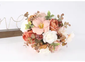Artificial bridal bouquet wedding flowers fake roses eucalyptus leaves peach white decor
