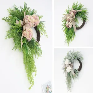 Artificial flower wreath for front door decor, green fern plant wall hanging floral ornament.