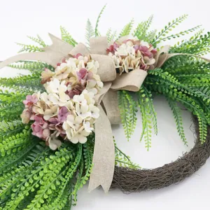 Artificial flower wreath for front door hanging, fake green fern leaves with hydrangea and burlap bow.