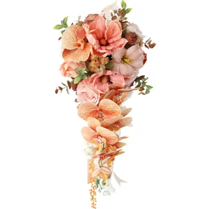Artificial wedding bridal cascade bouquet featuring peach orchids and roses for party