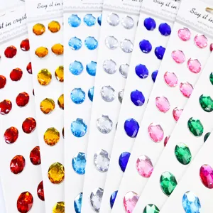 Detail view of large colorful acrylic rhinestone gemstone stickers, DIY decorative diamond sheets.