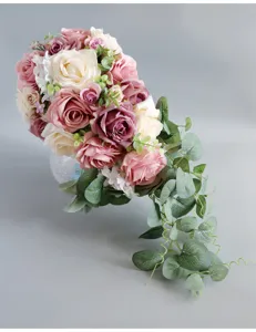 Artificial bridal cascading rose bouquet for western wedding decor and photography props.