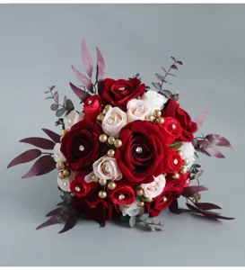 Artificial wedding bridal bouquet red pink roses gold beads rhinestone home decor floral