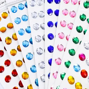 Close-up of colorful acrylic rhinestone stickers, round diamond gems for DIY crafts.