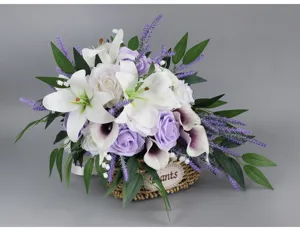 Artificial white lily purple rose bridal teardrop bouquet with lavender for wedding decor.