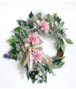 Artificial dahlia flower wreath with burlap bow spring home door wall hanging decoration