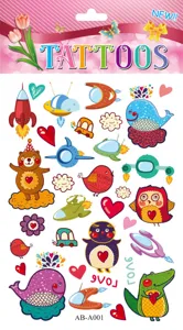 Cartoon temporary tattoo sticker detail showing colorful animal and space elements for kids.