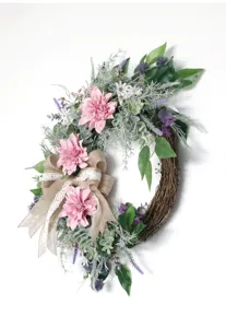 Artificial dahlia floral wreath with burlap bow, home wall decor details view new classy