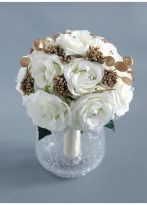 Künstlicher weißer Rosen Brautstrauß mit goldenen Akzenten und Strass für Hochzeit.
