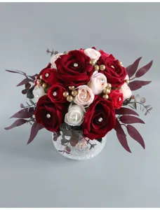 Artificial wedding bridal bouquet faux red white rose flower arrangement home decor photo props.
