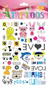 Detailed view of cute cartoon temporary tattoo stickers sheet featuring animals and fun designs.