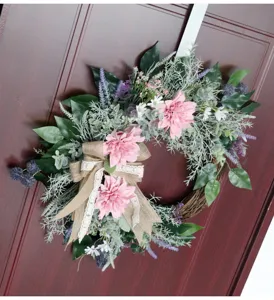Artificial dahlia flower wreath with burlap bow for home door wall hanging decor detail
