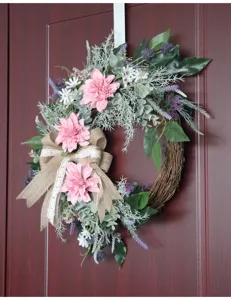 Artificial dahlia flower wreath with burlap bow for front door home wedding wall decor