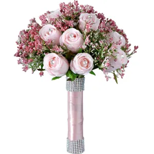 Kunstmatig bruidsboeket met roze rozen en strass steentjes voor huisdecoratie en feest